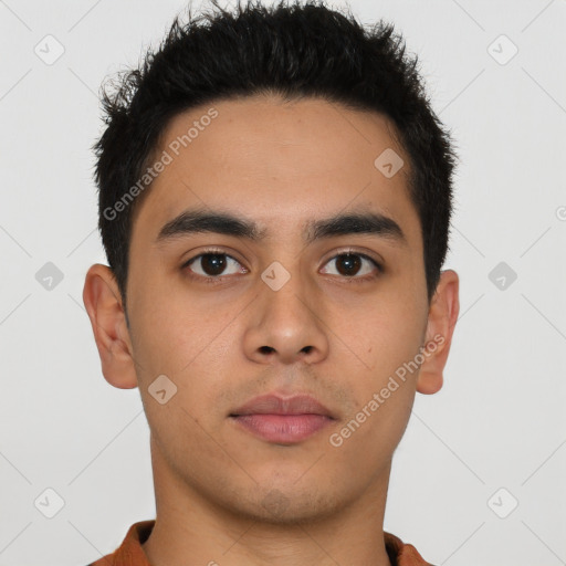 Neutral asian young-adult male with short  brown hair and brown eyes