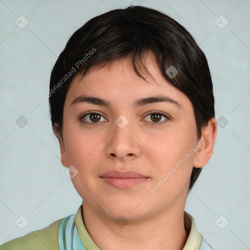 Neutral white young-adult female with medium  brown hair and brown eyes