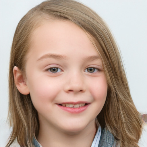 Joyful white child female with medium  brown hair and blue eyes