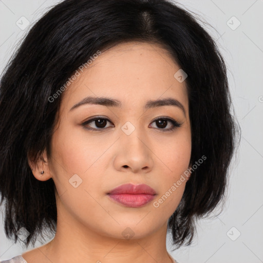 Neutral asian young-adult female with medium  brown hair and brown eyes