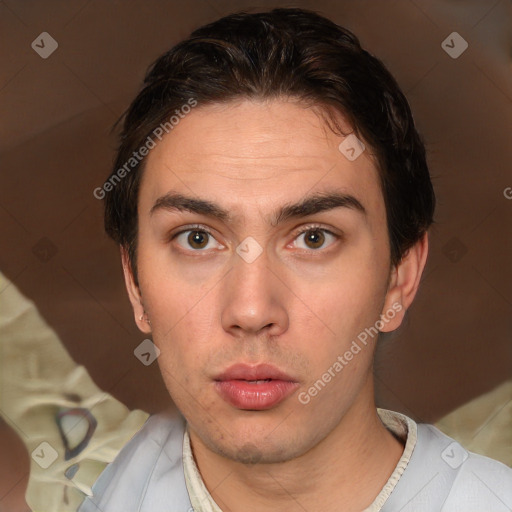 Neutral white young-adult male with short  brown hair and brown eyes