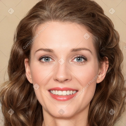 Joyful white young-adult female with medium  brown hair and green eyes