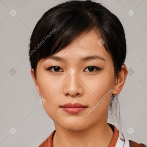 Neutral asian young-adult female with short  black hair and brown eyes