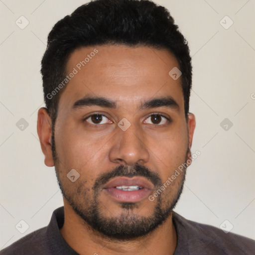 Neutral latino young-adult male with short  black hair and brown eyes