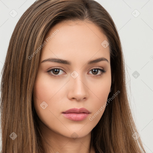 Neutral white young-adult female with long  brown hair and brown eyes