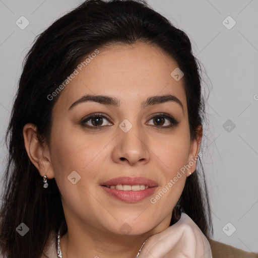 Joyful white young-adult female with long  brown hair and brown eyes