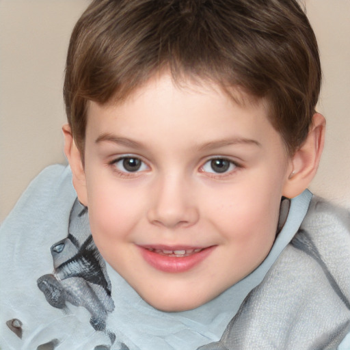 Joyful white child male with medium  brown hair and brown eyes