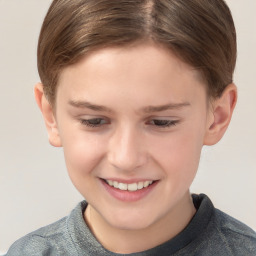 Joyful white child female with short  brown hair and brown eyes