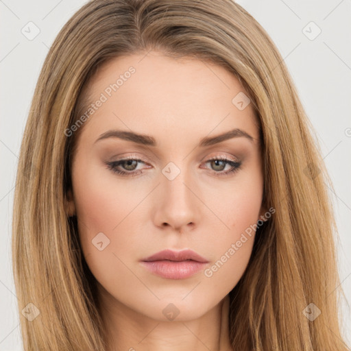 Neutral white young-adult female with long  brown hair and brown eyes