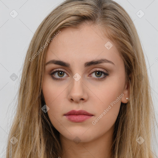 Neutral white young-adult female with long  brown hair and brown eyes