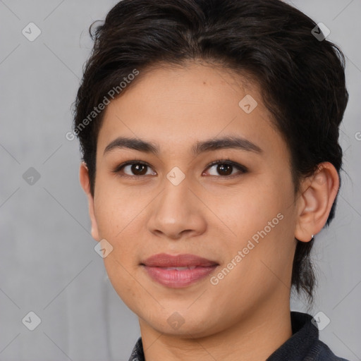 Joyful latino young-adult female with medium  brown hair and brown eyes