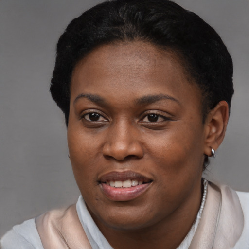 Joyful black young-adult female with short  brown hair and brown eyes