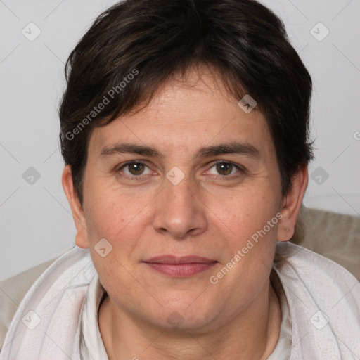 Joyful white adult female with medium  brown hair and brown eyes