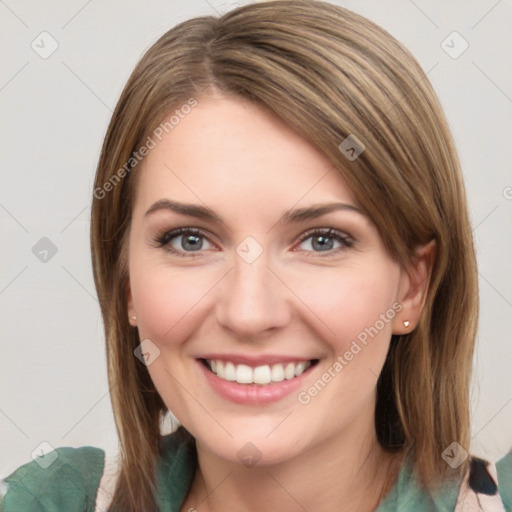 Joyful white young-adult female with medium  brown hair and green eyes