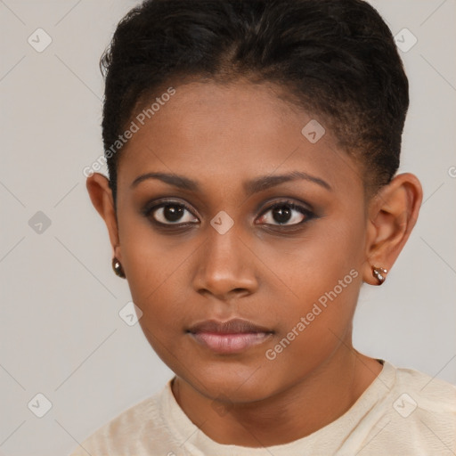 Neutral black young-adult female with short  brown hair and brown eyes