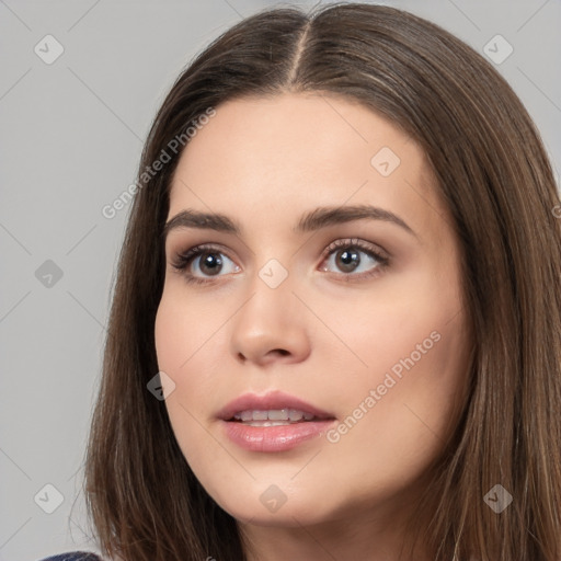 Neutral white young-adult female with long  brown hair and brown eyes