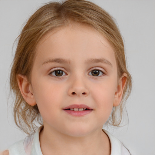 Neutral white child female with medium  brown hair and blue eyes