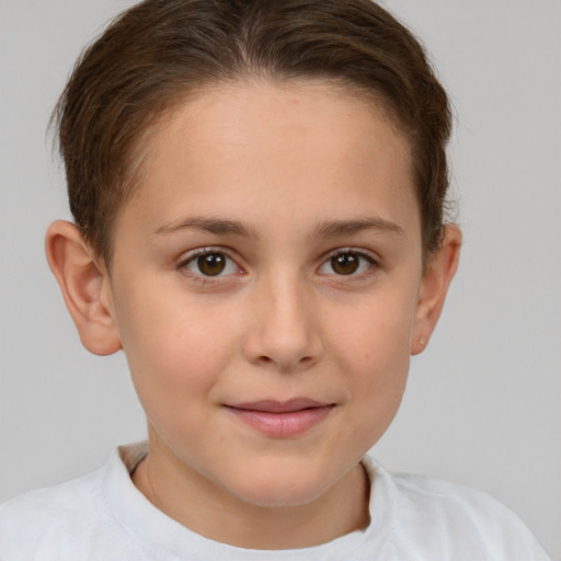 Joyful white child female with short  brown hair and brown eyes