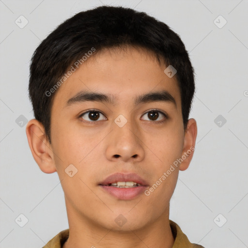 Neutral asian young-adult male with short  brown hair and brown eyes