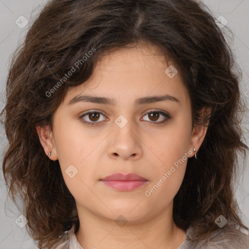 Neutral white young-adult female with medium  brown hair and brown eyes