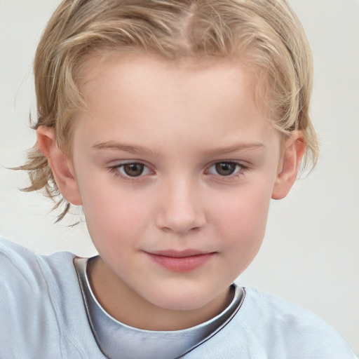 Joyful white child female with short  brown hair and grey eyes