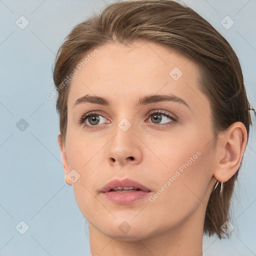 Neutral white young-adult female with medium  brown hair and brown eyes