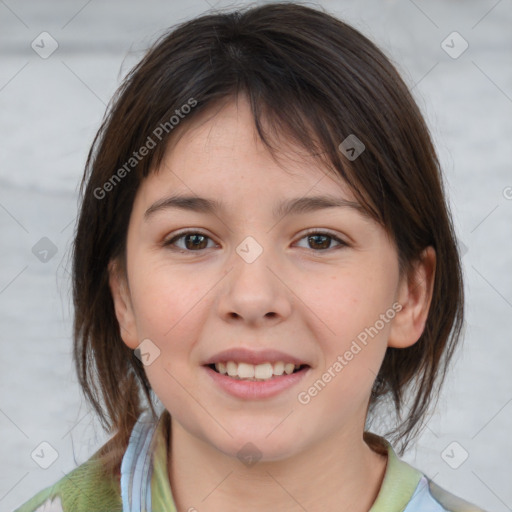 Joyful white child female with medium  brown hair and brown eyes