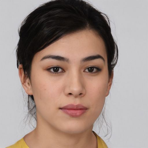 Neutral asian young-adult female with medium  brown hair and brown eyes