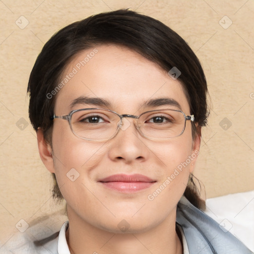 Joyful white young-adult female with medium  brown hair and brown eyes