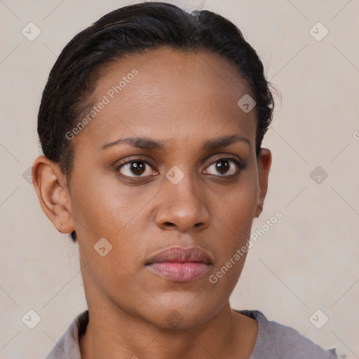 Neutral black young-adult female with short  brown hair and brown eyes