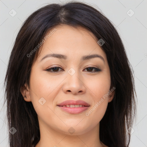 Joyful white young-adult female with long  brown hair and brown eyes