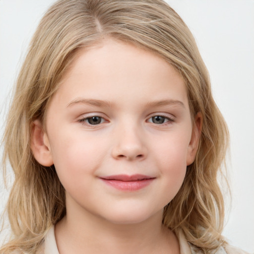 Joyful white child female with long  brown hair and grey eyes