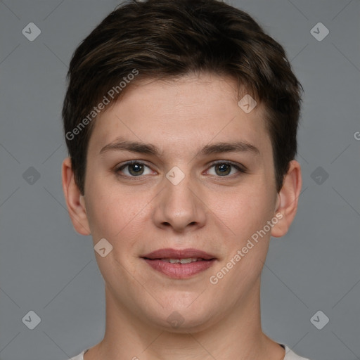 Joyful white young-adult female with short  brown hair and grey eyes