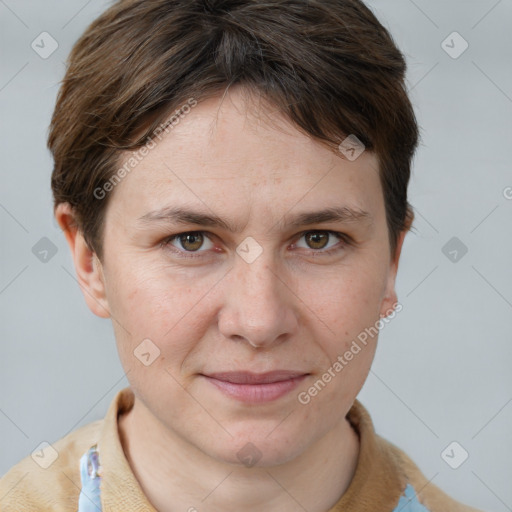 Joyful white young-adult female with short  brown hair and grey eyes