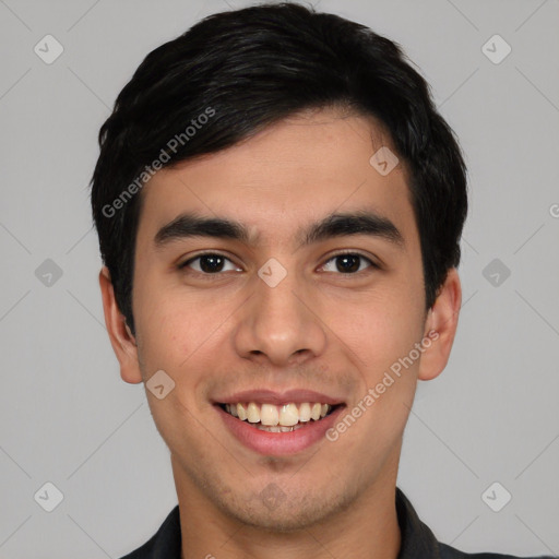 Joyful white young-adult male with short  black hair and brown eyes