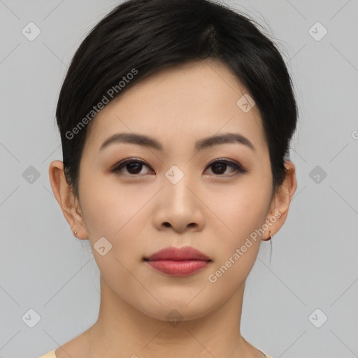 Neutral asian young-adult female with short  black hair and brown eyes