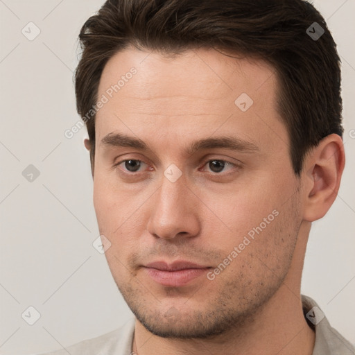 Neutral white young-adult male with short  brown hair and brown eyes