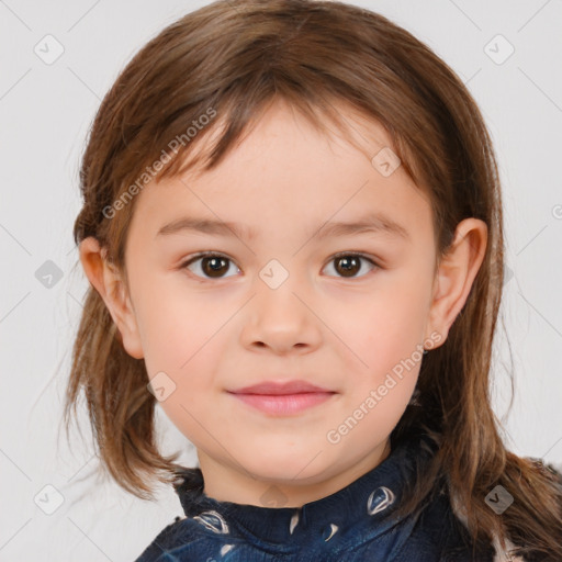 Joyful white child female with medium  brown hair and brown eyes