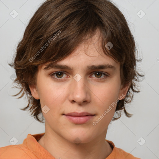 Neutral white young-adult female with medium  brown hair and brown eyes