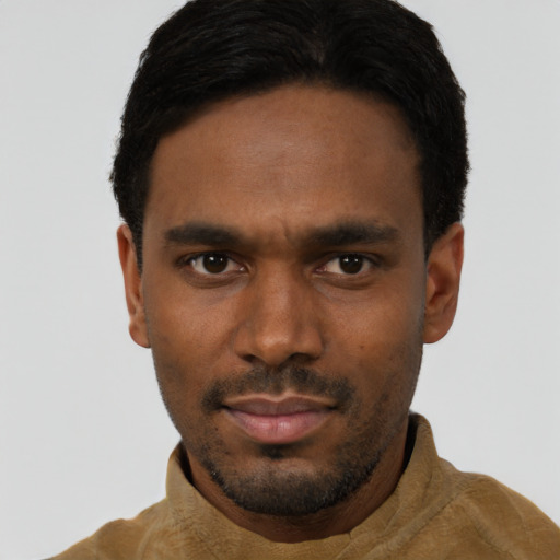 Neutral black young-adult male with short  black hair and brown eyes