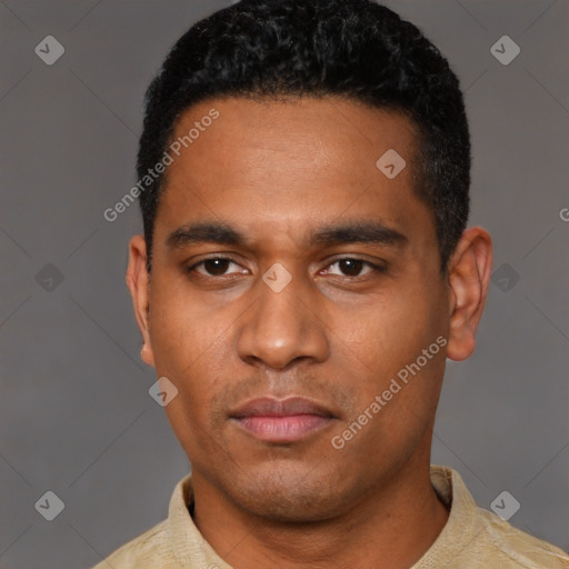 Neutral latino young-adult male with short  black hair and brown eyes