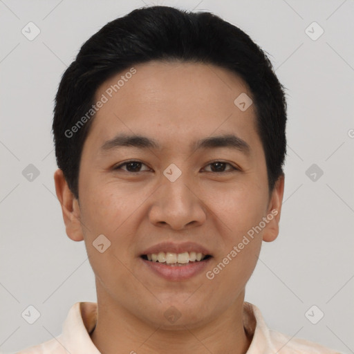 Joyful asian young-adult male with short  black hair and brown eyes