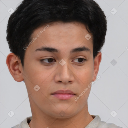 Neutral asian young-adult female with short  brown hair and brown eyes