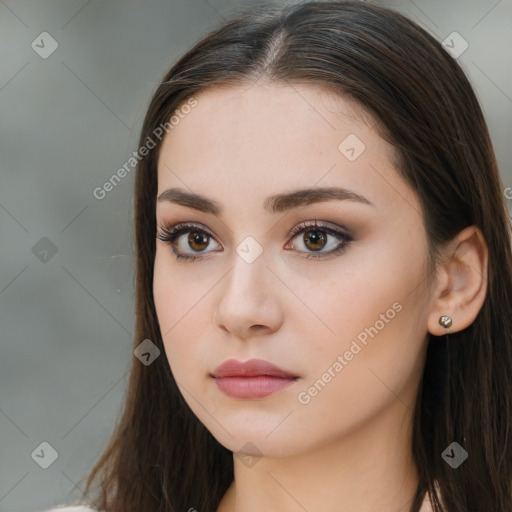 Neutral white young-adult female with long  brown hair and brown eyes