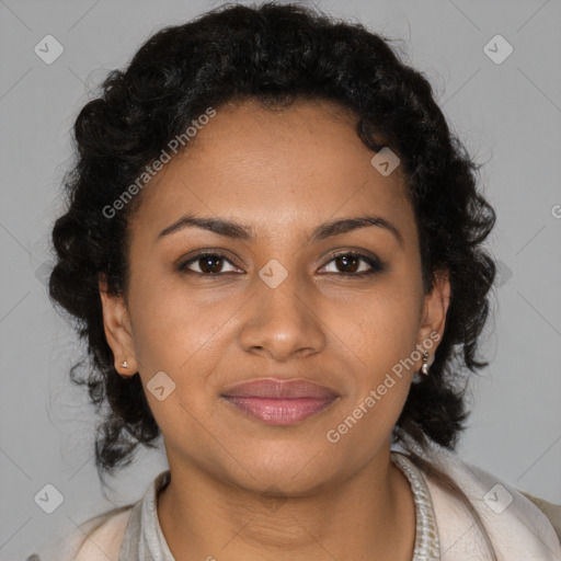 Joyful black young-adult female with medium  brown hair and brown eyes