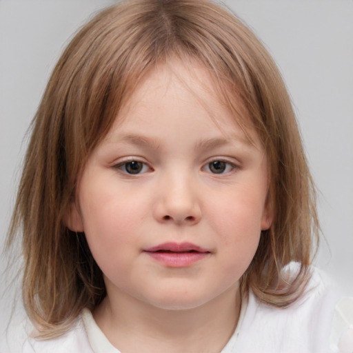 Neutral white child female with medium  brown hair and grey eyes