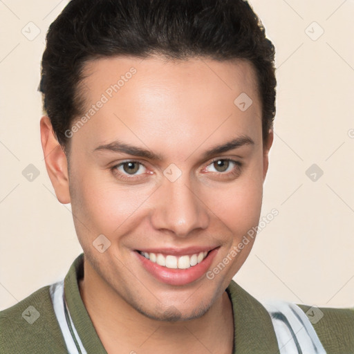 Joyful white young-adult male with short  brown hair and brown eyes