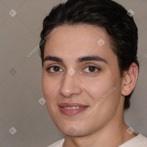 Joyful white young-adult female with medium  brown hair and brown eyes