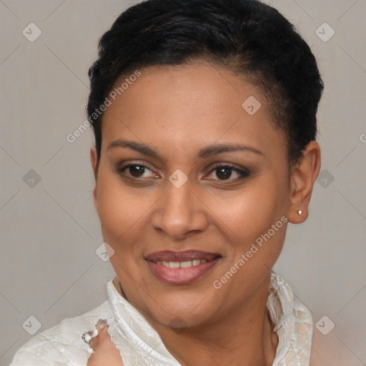 Joyful latino young-adult female with short  brown hair and brown eyes