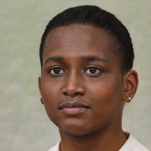 Neutral black young-adult female with short  black hair and brown eyes